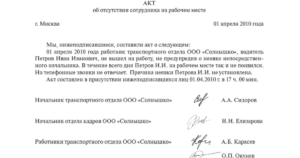 Акт о невыходе на работу образец бланк