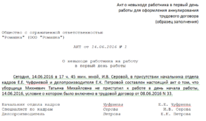 Акт о невыходе на работу образец бланк