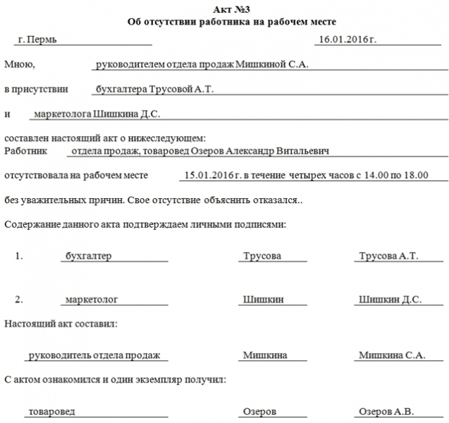 Акт об отсутствии на рабочем месте: образец и порядок заполнения