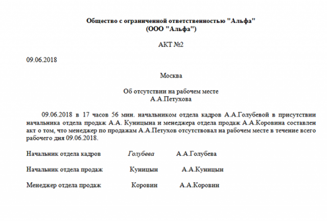 Акт об отсутствии на рабочем месте: образец и порядок заполнения