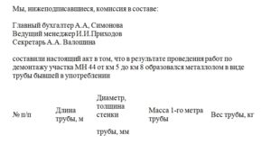 Акт оприходования металлолома от выпуска готовой продукции