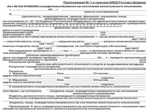 Акт освидетельствования на состояние алкогольного опьянения образец бланк