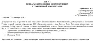Акт возврата помещений по договору аренды