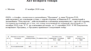 Акт возврата товара на склад перевозчиком образец