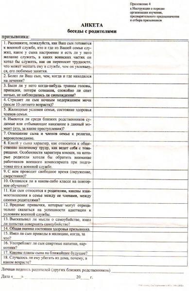 Анкета призывника &mdash; образец заполнения листа беседы с родителями призывника