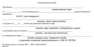 Апелляционная жалоба адвоката на приговор суда по уголовному делу образец