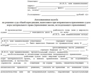 Апелляционная жалоба образец бланк