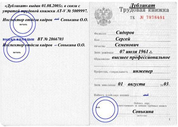 Дубликат трудовой книжки: образец заполнения, оформление