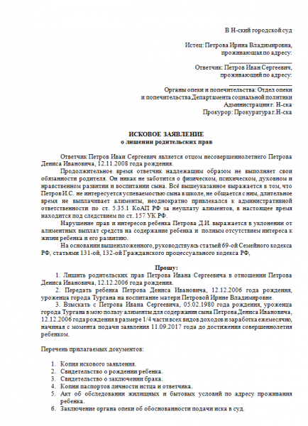 Исковое заявление о лишении родительских прав