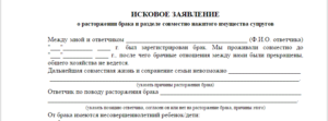 Исковое заявление о расторжении брака и разделе имущества образец бланк