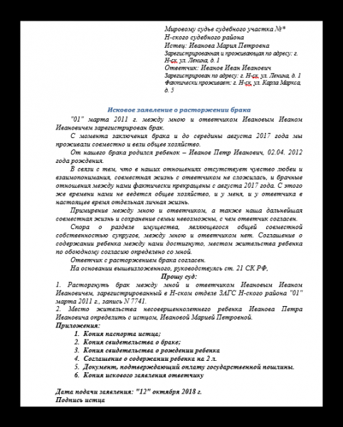 Исковое заявление о расторжении брака: образец 2019 года
