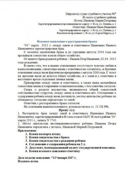 Исковое заявление о расторжении брака: образец 2019 года