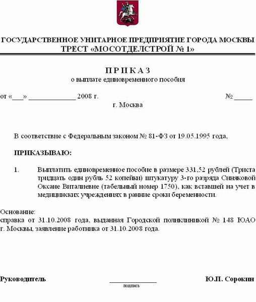 Как оформляется приказ для предоставления разовой выплаты на ребенка