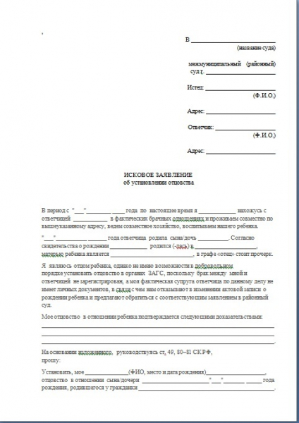 Как подать исковое заявление об установлении отцовства