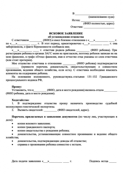 Как подать исковое заявление об установлении отцовства