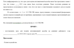 Как подать заявление о восстановлении пропущенного срока на частную жалобу