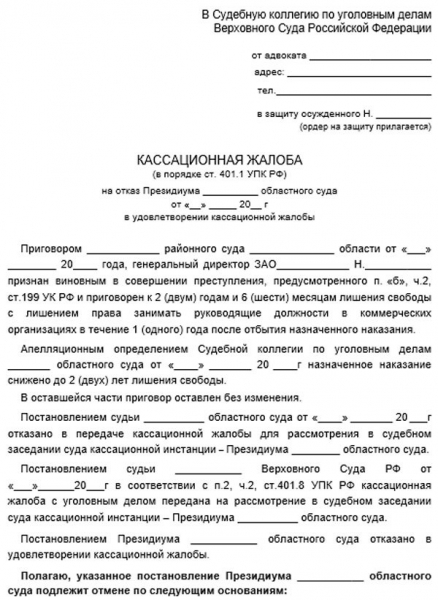 Кассационная жалоба по уголовному делу: сроки подачи, образец жалобы, как подавать
