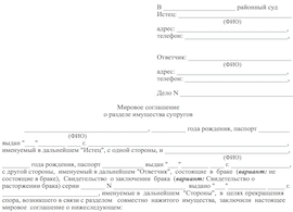 Мировое соглашение о разделе совместно нажитого имущества: образец