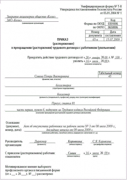 Нарушение трудовой дисциплины &mdash; порядок увольнения