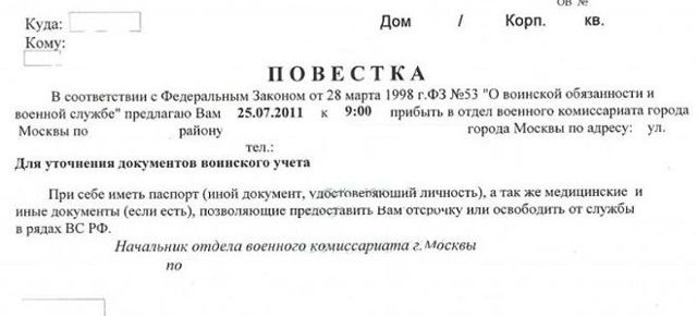 Назовите порядок вручения повесток призывникам