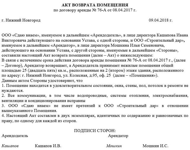 Образец акта возврата помещения по договору аренды
