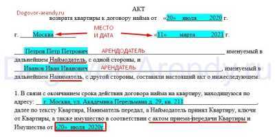 Образец акта возврата помещения по договору аренды