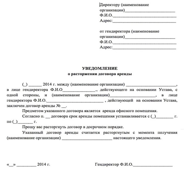 Образец письма о расторжении договора аренды по инициативе арендатора