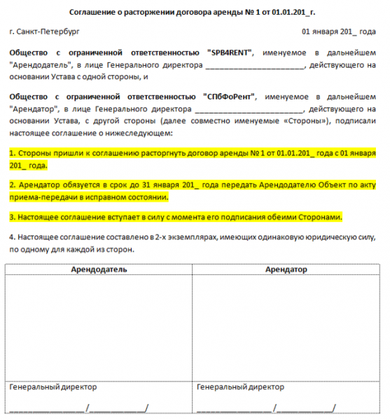 Образец письма о расторжении договора аренды по инициативе арендатора