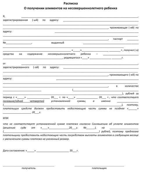 Образец расписки о получении алиментов на ребенка