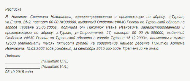 Образец расписки о получении алиментов на ребенка