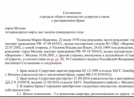 Образец соглашения о разделе совместно нажитого имущества