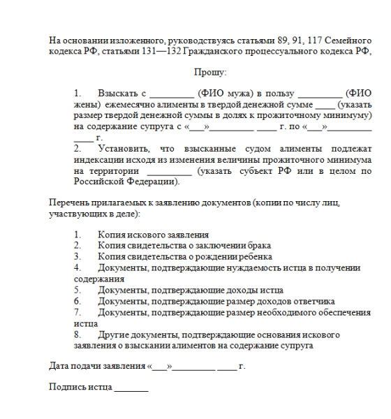 Образец заявления на алименты на жену: как заполнить