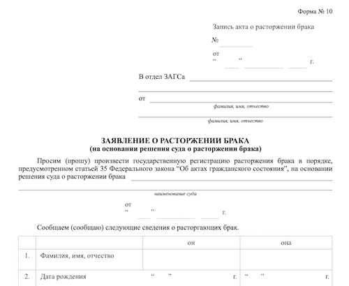 Образец заявления на расторжение брака в 2019 году