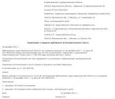Образец заявления о выдаче дубликата исполнительного листа