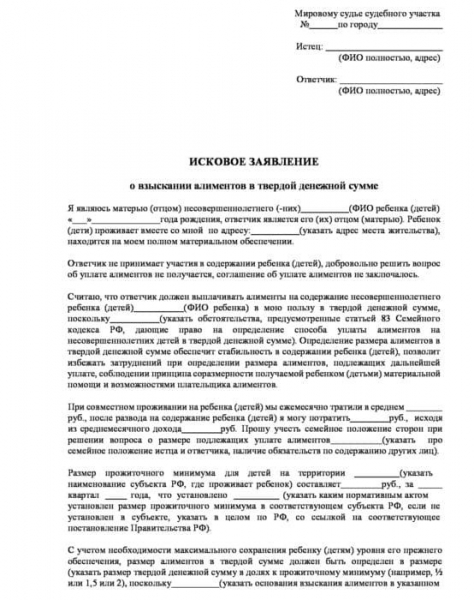 Образец заявления о взыскании алиментов в твердой сумме