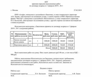 Образец заполнения акта комиссионного принятия выполненных работ