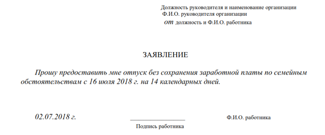 Оформление заявления на отпуск без сохранения заработной платы