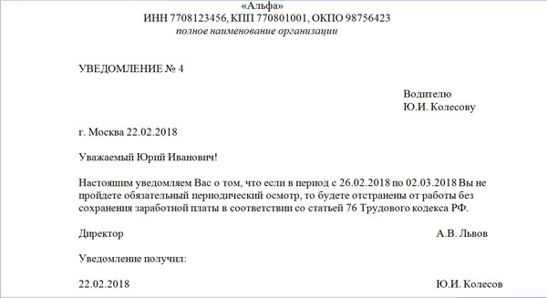 Отстранение от работы в связи с непрохождением медосмотра