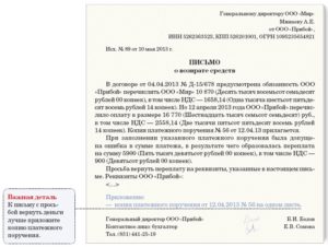 Письмо на возврат денежных средств за полученный товар по гарантии
