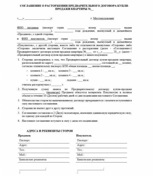 Порядок расторжения предварительного договора купли продажи недвижимости