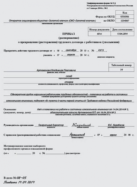 Увольнение за состояние алкогольного опьянения по статье