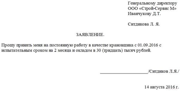Заявление на прием на работу: образец заполнения на примере