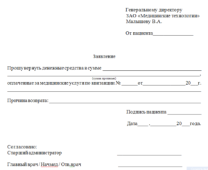 Заявление на возврат денежных средств, образец, бланк, пример