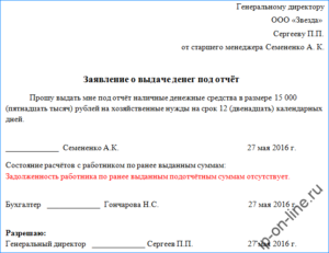 Заявление на выдачу денег в подотчет образец бланк