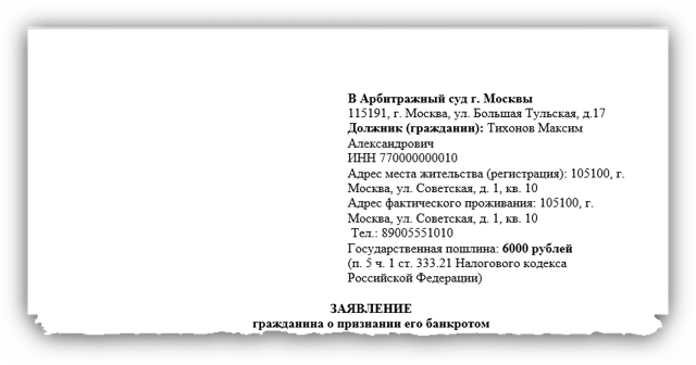 Заявление о признании должника физического лица банкротом: образец 2019 года