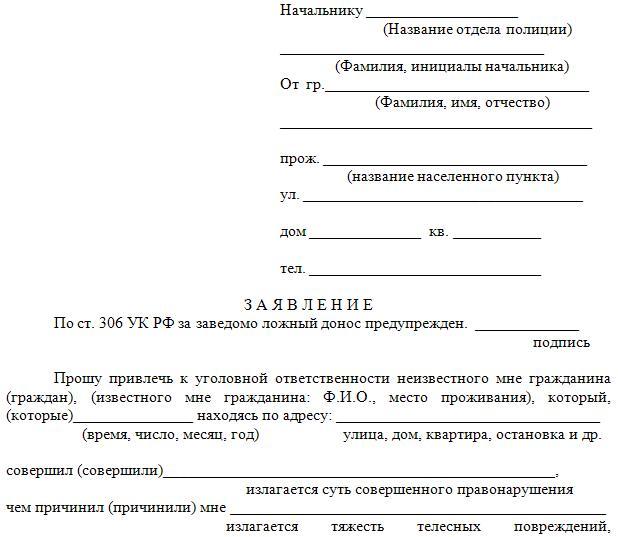 Заявление о возбуждении уголовного дела: образец