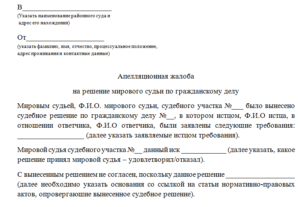 Жалоба, апелляционная, на решение мирового судьи